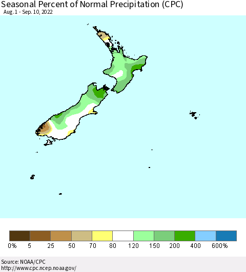 New Zealand Seasonal Percent of Normal Precipitation (CPC) Thematic Map For 8/1/2022 - 9/10/2022