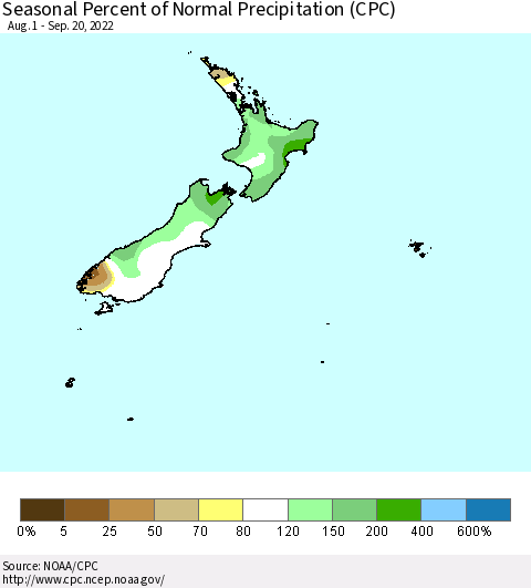 New Zealand Seasonal Percent of Normal Precipitation (CPC) Thematic Map For 8/1/2022 - 9/20/2022