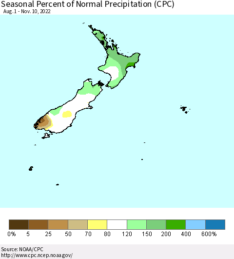 New Zealand Seasonal Percent of Normal Precipitation (CPC) Thematic Map For 8/1/2022 - 11/10/2022