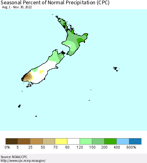 New Zealand Seasonal Percent of Normal Precipitation (CPC) Thematic Map For 8/1/2022 - 11/30/2022