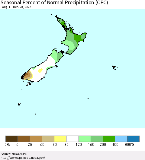 New Zealand Seasonal Percent of Normal Precipitation (CPC) Thematic Map For 8/1/2022 - 12/20/2022