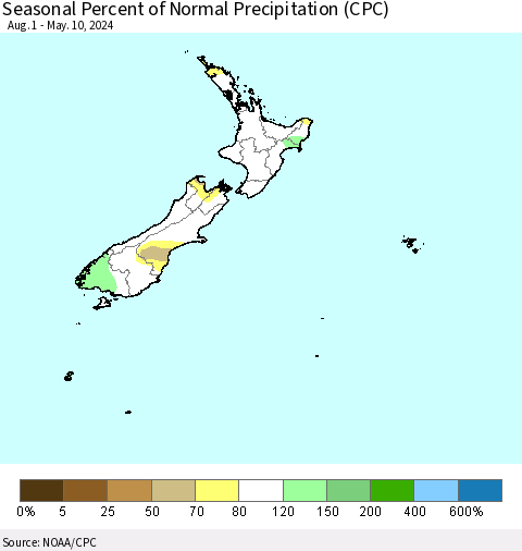 New Zealand Seasonal Percent of Normal Precipitation (CPC) Thematic Map For 8/1/2023 - 5/10/2024