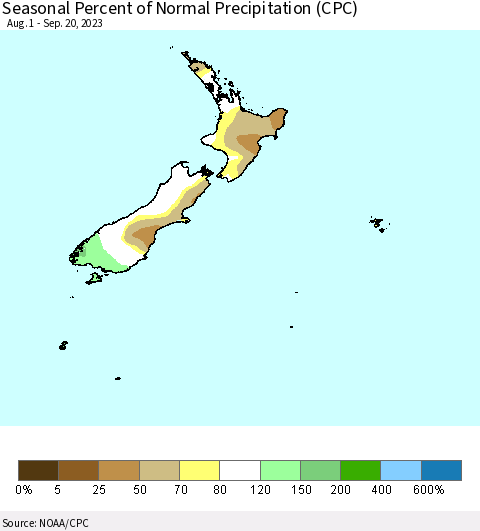 New Zealand Seasonal Percent of Normal Precipitation (CPC) Thematic Map For 8/1/2023 - 9/20/2023