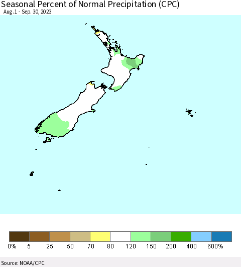 New Zealand Seasonal Percent of Normal Precipitation (CPC) Thematic Map For 8/1/2023 - 9/30/2023