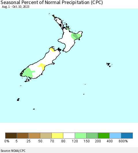 New Zealand Seasonal Percent of Normal Precipitation (CPC) Thematic Map For 8/1/2023 - 10/10/2023