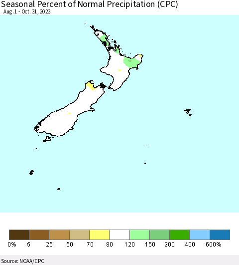 New Zealand Seasonal Percent of Normal Precipitation (CPC) Thematic Map For 8/1/2023 - 10/31/2023