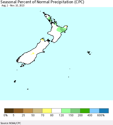 New Zealand Seasonal Percent of Normal Precipitation (CPC) Thematic Map For 8/1/2023 - 11/10/2023