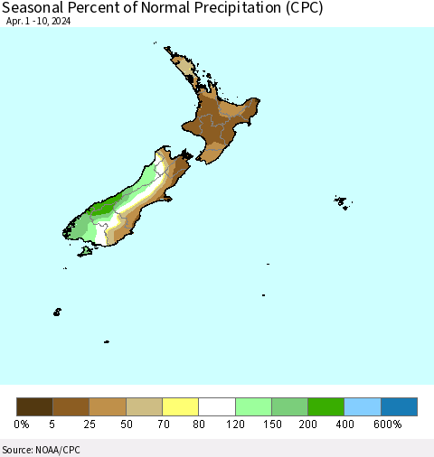New Zealand Seasonal Percent of Normal Precipitation (CPC) Thematic Map For 4/1/2024 - 4/10/2024