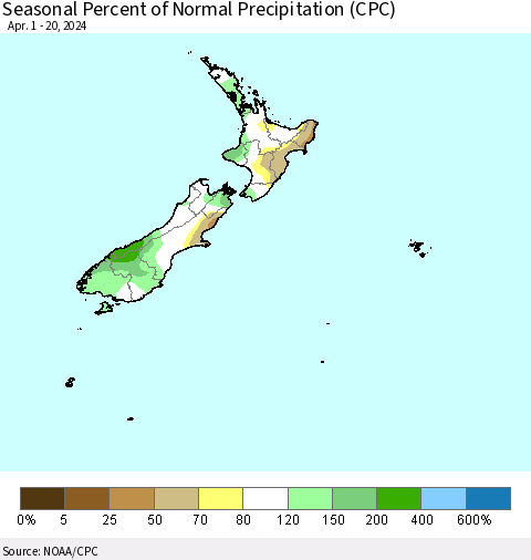 New Zealand Seasonal Percent of Normal Precipitation (CPC) Thematic Map For 4/1/2024 - 4/20/2024