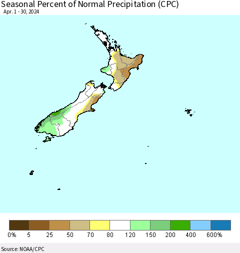 New Zealand Seasonal Percent of Normal Precipitation (CPC) Thematic Map For 4/1/2024 - 4/30/2024