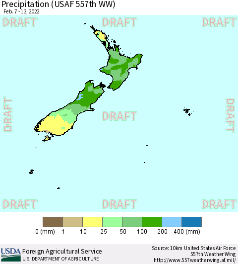 New Zealand Precipitation (USAF 557th WW) Thematic Map For 2/7/2022 - 2/13/2022