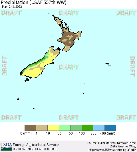 New Zealand Precipitation (USAF 557th WW) Thematic Map For 5/2/2022 - 5/8/2022