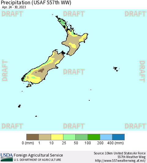 New Zealand Precipitation (USAF 557th WW) Thematic Map For 4/24/2023 - 4/30/2023