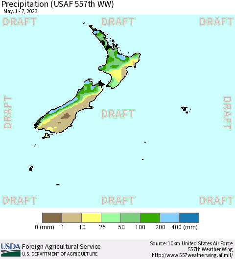 New Zealand Precipitation (USAF 557th WW) Thematic Map For 5/1/2023 - 5/7/2023