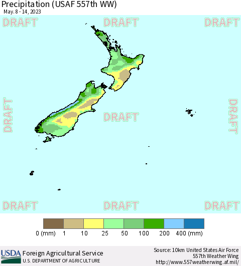 New Zealand Precipitation (USAF 557th WW) Thematic Map For 5/8/2023 - 5/14/2023