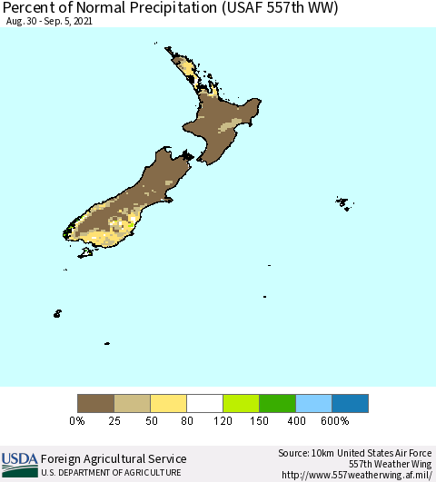 New Zealand Percent of Normal Precipitation (USAF 557th WW) Thematic Map For 8/30/2021 - 9/5/2021