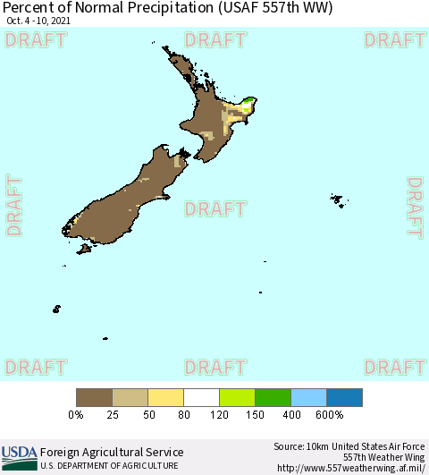 New Zealand Percent of Normal Precipitation (USAF 557th WW) Thematic Map For 10/4/2021 - 10/10/2021