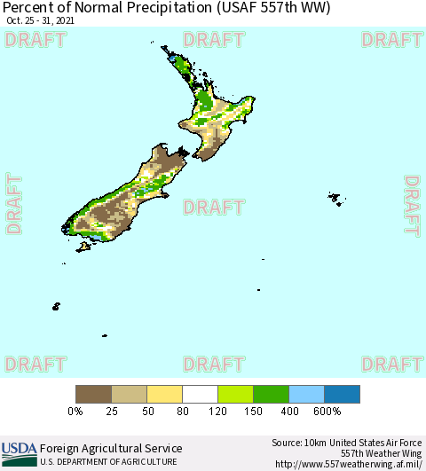 New Zealand Percent of Normal Precipitation (USAF 557th WW) Thematic Map For 10/25/2021 - 10/31/2021