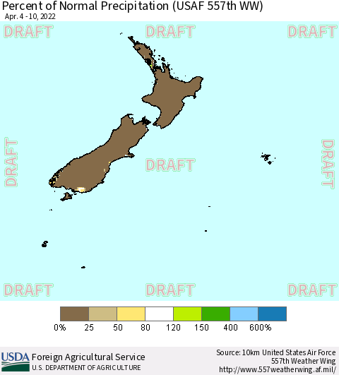 New Zealand Percent of Normal Precipitation (USAF 557th WW) Thematic Map For 4/4/2022 - 4/10/2022