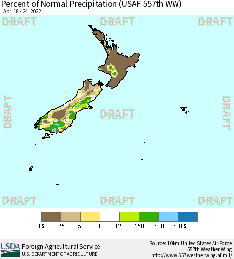 New Zealand Percent of Normal Precipitation (USAF 557th WW) Thematic Map For 4/18/2022 - 4/24/2022