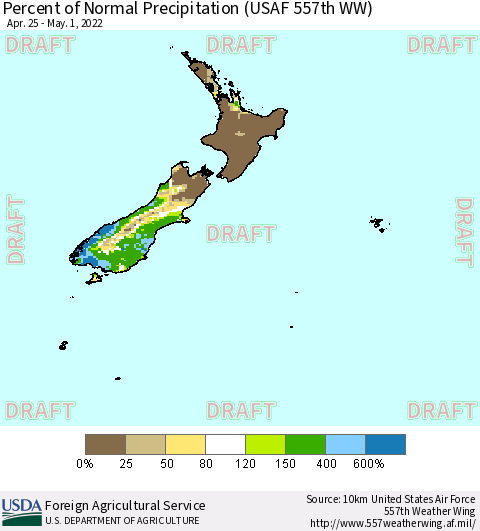 New Zealand Percent of Normal Precipitation (USAF 557th WW) Thematic Map For 4/25/2022 - 5/1/2022