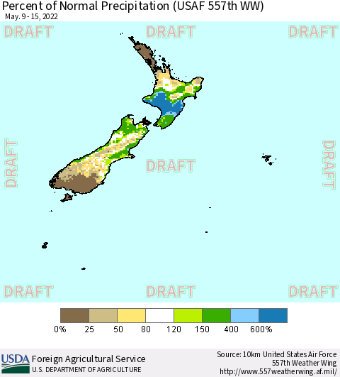 New Zealand Percent of Normal Precipitation (USAF 557th WW) Thematic Map For 5/9/2022 - 5/15/2022
