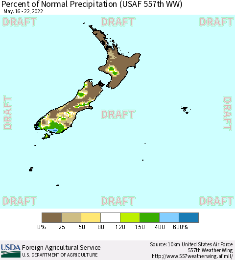 New Zealand Percent of Normal Precipitation (USAF 557th WW) Thematic Map For 5/16/2022 - 5/22/2022