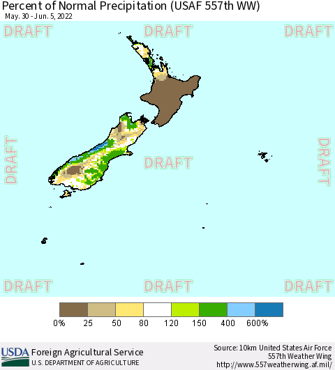 New Zealand Percent of Normal Precipitation (USAF 557th WW) Thematic Map For 5/30/2022 - 6/5/2022