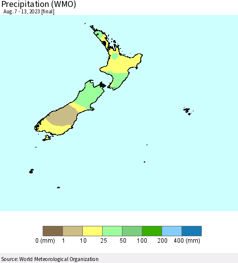New Zealand Precipitation (WMO) Thematic Map For 8/7/2023 - 8/13/2023