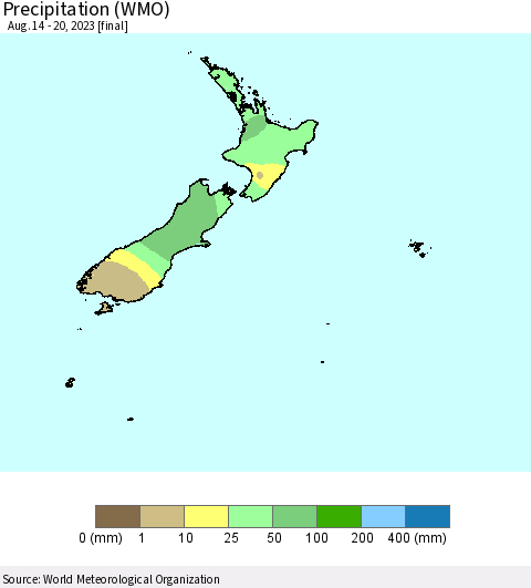 New Zealand Precipitation (WMO) Thematic Map For 8/14/2023 - 8/20/2023
