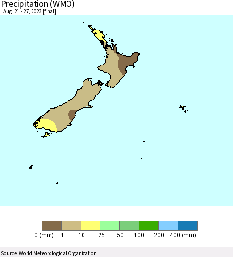 New Zealand Precipitation (WMO) Thematic Map For 8/21/2023 - 8/27/2023