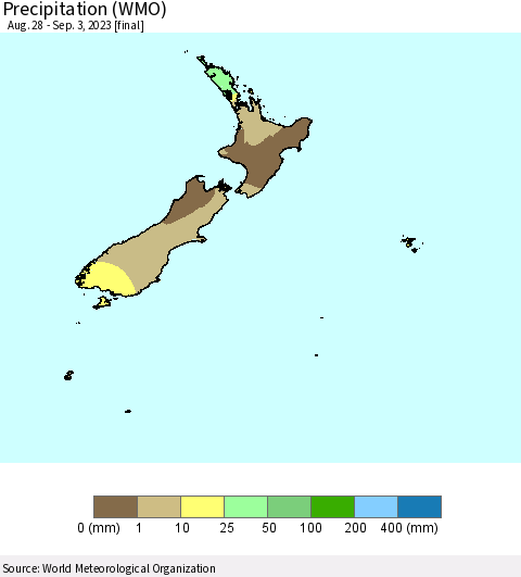 New Zealand Precipitation (WMO) Thematic Map For 8/28/2023 - 9/3/2023