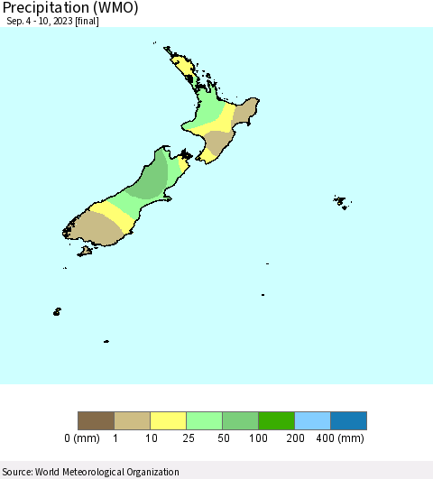 New Zealand Precipitation (WMO) Thematic Map For 9/4/2023 - 9/10/2023