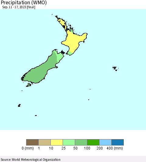 New Zealand Precipitation (WMO) Thematic Map For 9/11/2023 - 9/17/2023
