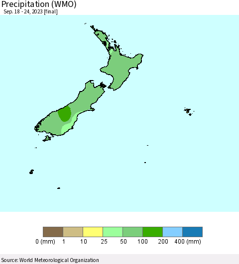 New Zealand Precipitation (WMO) Thematic Map For 9/18/2023 - 9/24/2023