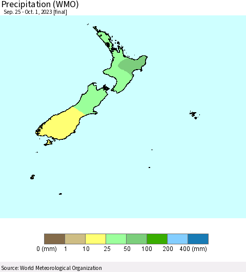 New Zealand Precipitation (WMO) Thematic Map For 9/25/2023 - 10/1/2023