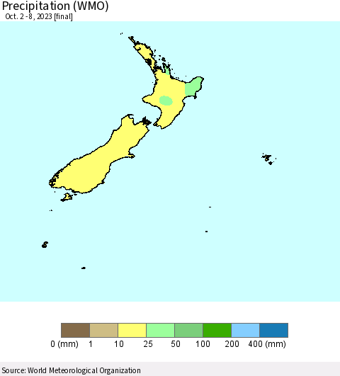New Zealand Precipitation (WMO) Thematic Map For 10/2/2023 - 10/8/2023