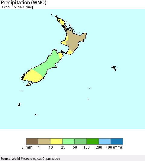 New Zealand Precipitation (WMO) Thematic Map For 10/9/2023 - 10/15/2023