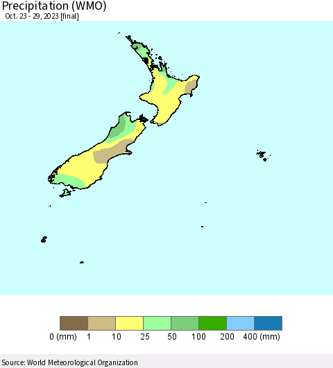 New Zealand Precipitation (WMO) Thematic Map For 10/23/2023 - 10/29/2023
