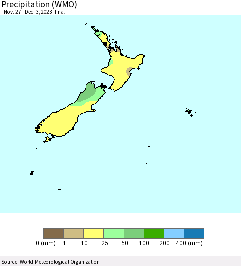 New Zealand Precipitation (WMO) Thematic Map For 11/27/2023 - 12/3/2023