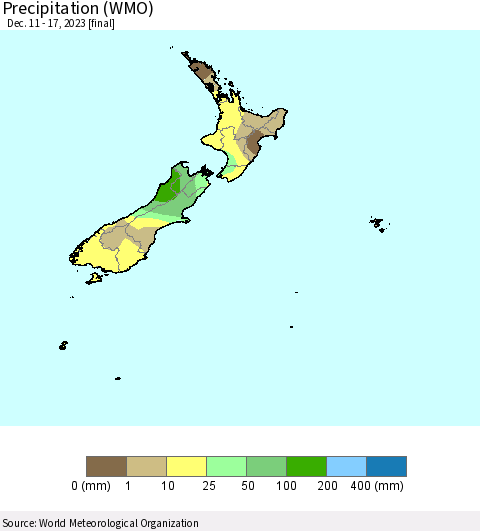 New Zealand Precipitation (WMO) Thematic Map For 12/11/2023 - 12/17/2023