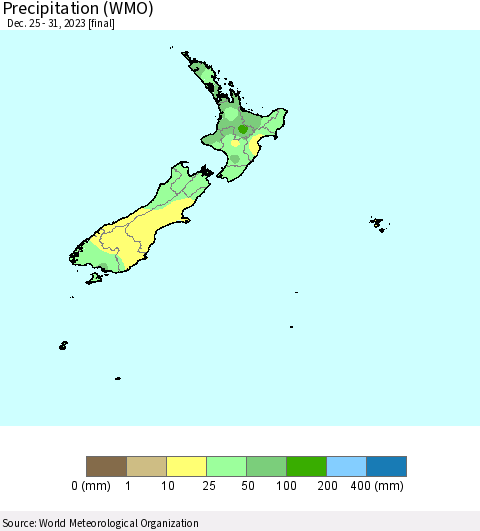 New Zealand Precipitation (WMO) Thematic Map For 12/25/2023 - 12/31/2023