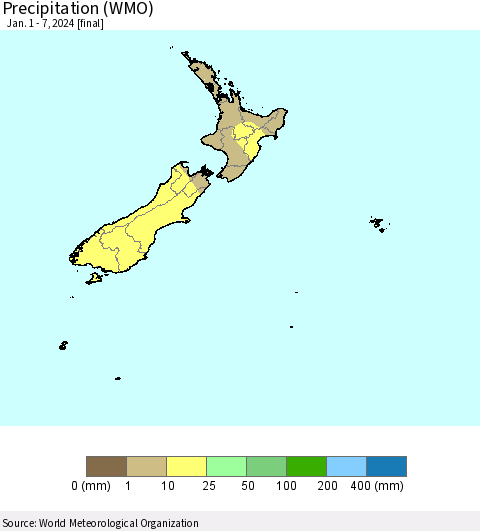 New Zealand Precipitation (WMO) Thematic Map For 1/1/2024 - 1/7/2024