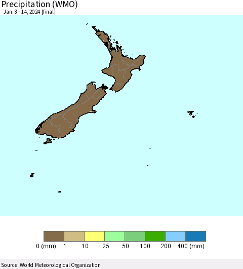 New Zealand Precipitation (WMO) Thematic Map For 1/8/2024 - 1/14/2024