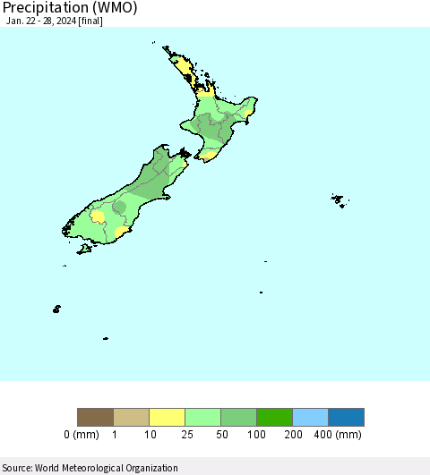 New Zealand Precipitation (WMO) Thematic Map For 1/22/2024 - 1/28/2024