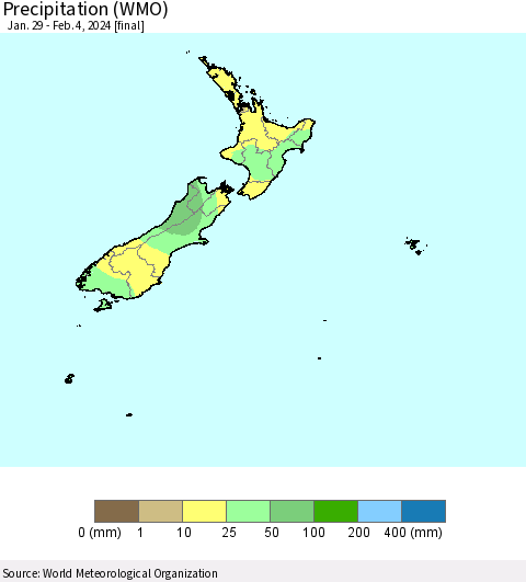 New Zealand Precipitation (WMO) Thematic Map For 1/29/2024 - 2/4/2024