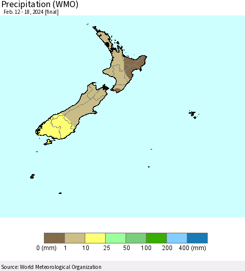 New Zealand Precipitation (WMO) Thematic Map For 2/12/2024 - 2/18/2024
