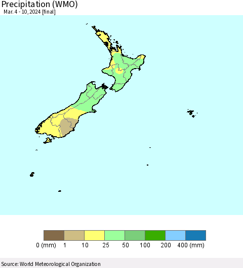 New Zealand Precipitation (WMO) Thematic Map For 3/4/2024 - 3/10/2024