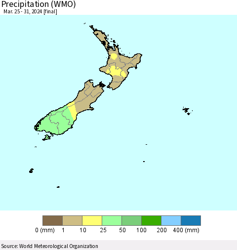 New Zealand Precipitation (WMO) Thematic Map For 3/25/2024 - 3/31/2024