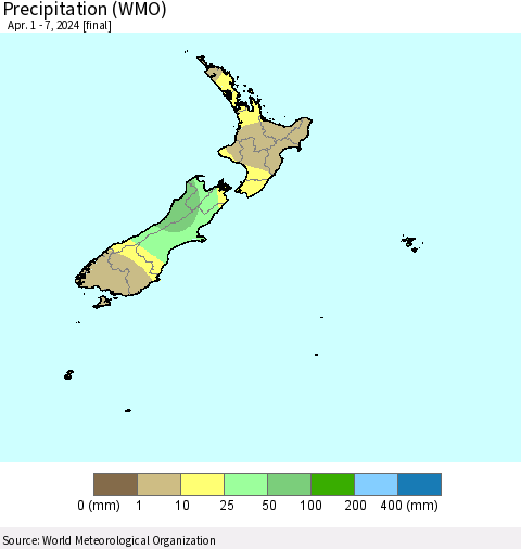 New Zealand Precipitation (WMO) Thematic Map For 4/1/2024 - 4/7/2024